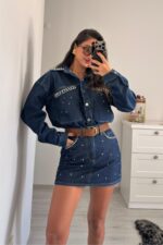 Taşlı Denim Gömlek Etek Takım