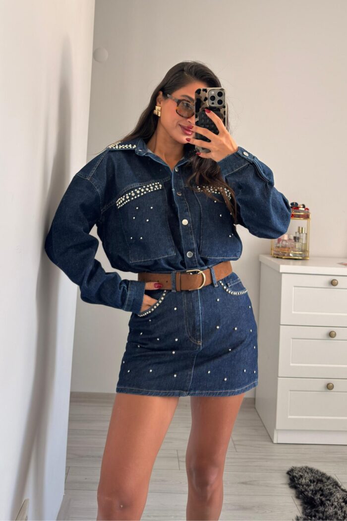 Taşlı Denim Gömlek Etek Takım - Görsel 1