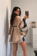 Beli kemerli Dik Yaka Kaşe Trenç Taş - Görsel 5
