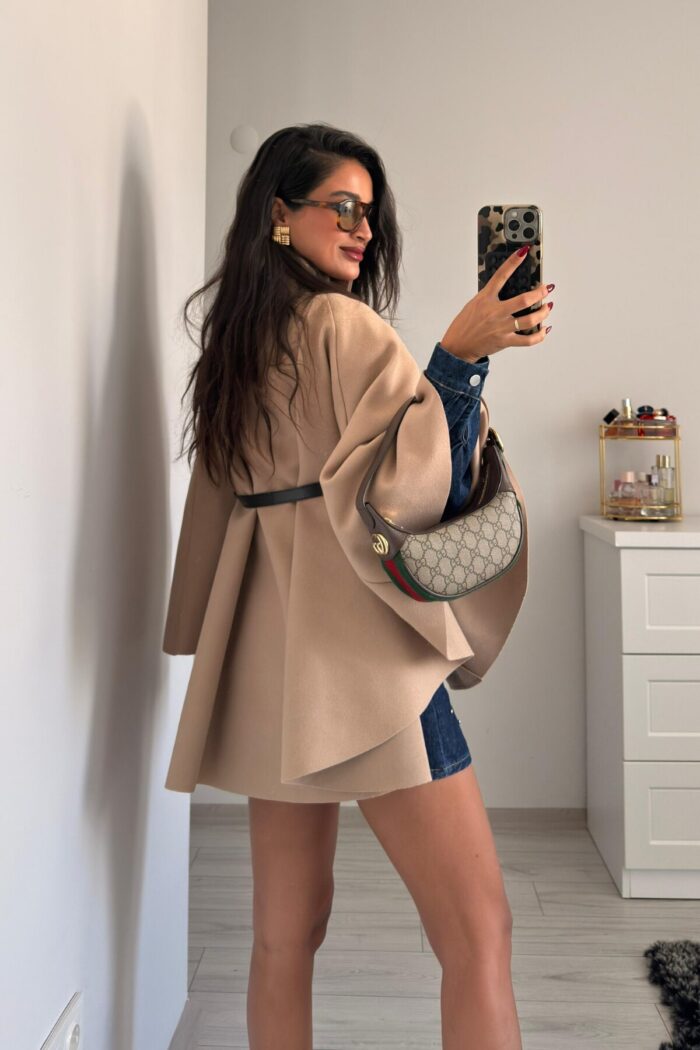 Beli kemerli Dik Yaka Kaşe Trenç Taş - Görsel 5