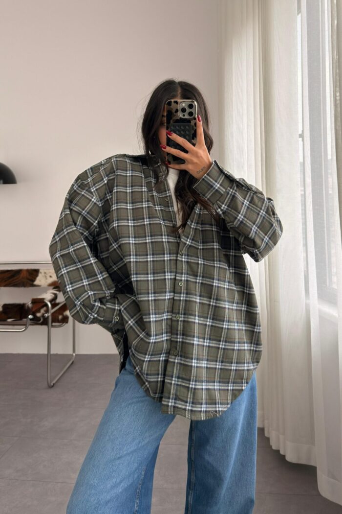 Ekose Oversize Oduncu Gömlek Yeşil - Görsel 1