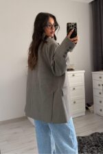Ekose Oversize Blazer Ceket Füme - Görsel 4