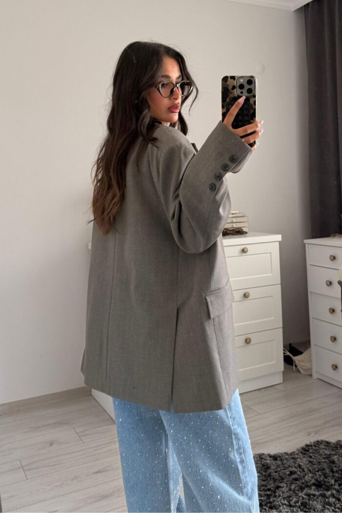 Ekose Oversize Blazer Ceket Füme - Görsel 4