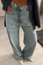 Önü Taşlı Wide Leg Açık Mavi Jean - Görsel 2