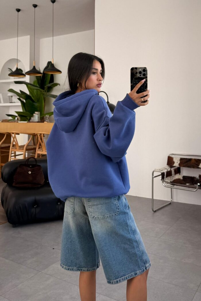 Oversize Kapşonlu Sweat Lacivert - Görsel 3
