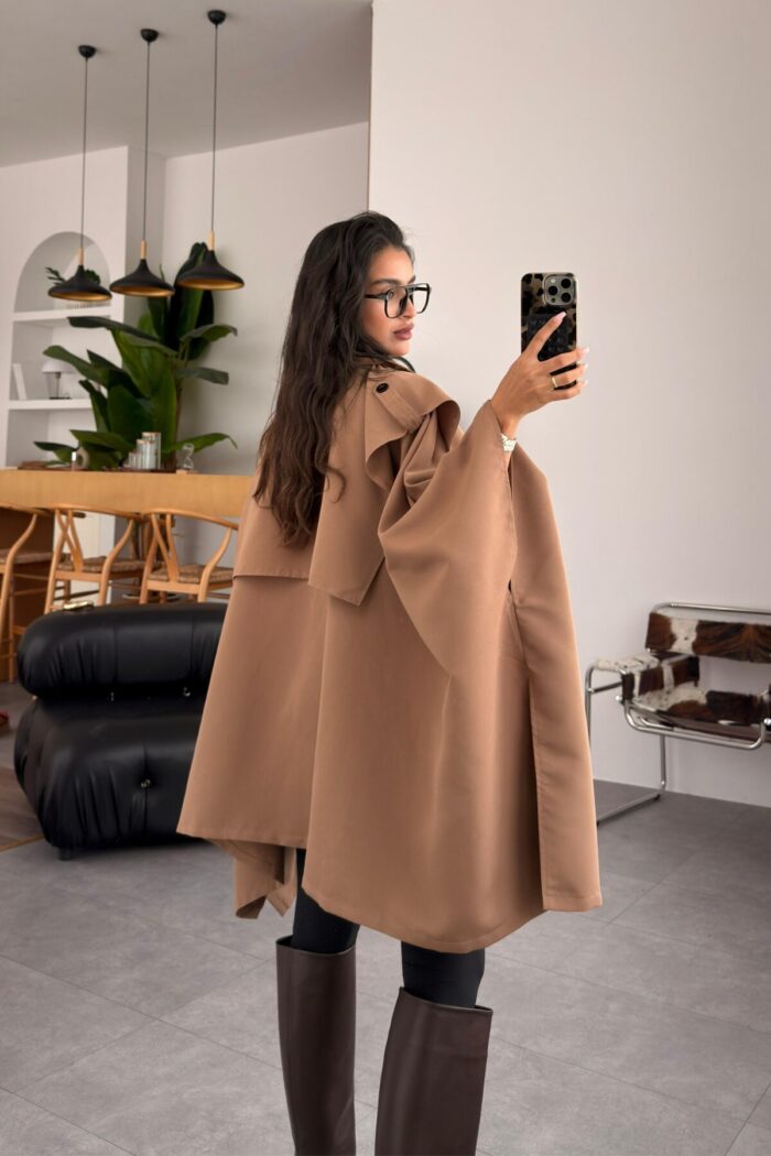 Pelerin Tek Düğmeli Trenç Camel - Görsel 4