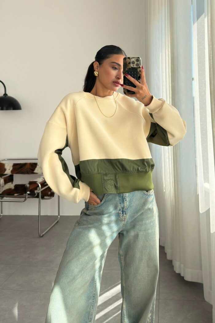 Parçalı Bisiklet Yaka Sweat Bej Yeşil - Görsel 2