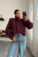 Süet Pileli Kısa Ceket Bordo