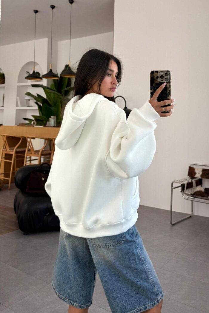 Oversize Kapşonlu Sweat Beyaz - Görsel 3