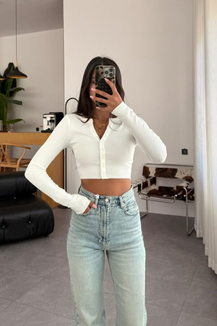 Düğmeli Fitilli Crop Beyaz - Görsel 1