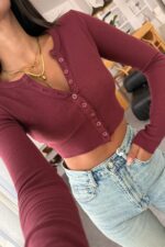 Düğmeli Fitilli Crop Bordo - Görsel 2