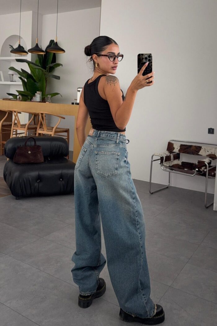 Luna Beli Bağlamalı Eskitme Wide Leg Jean - Görsel 4