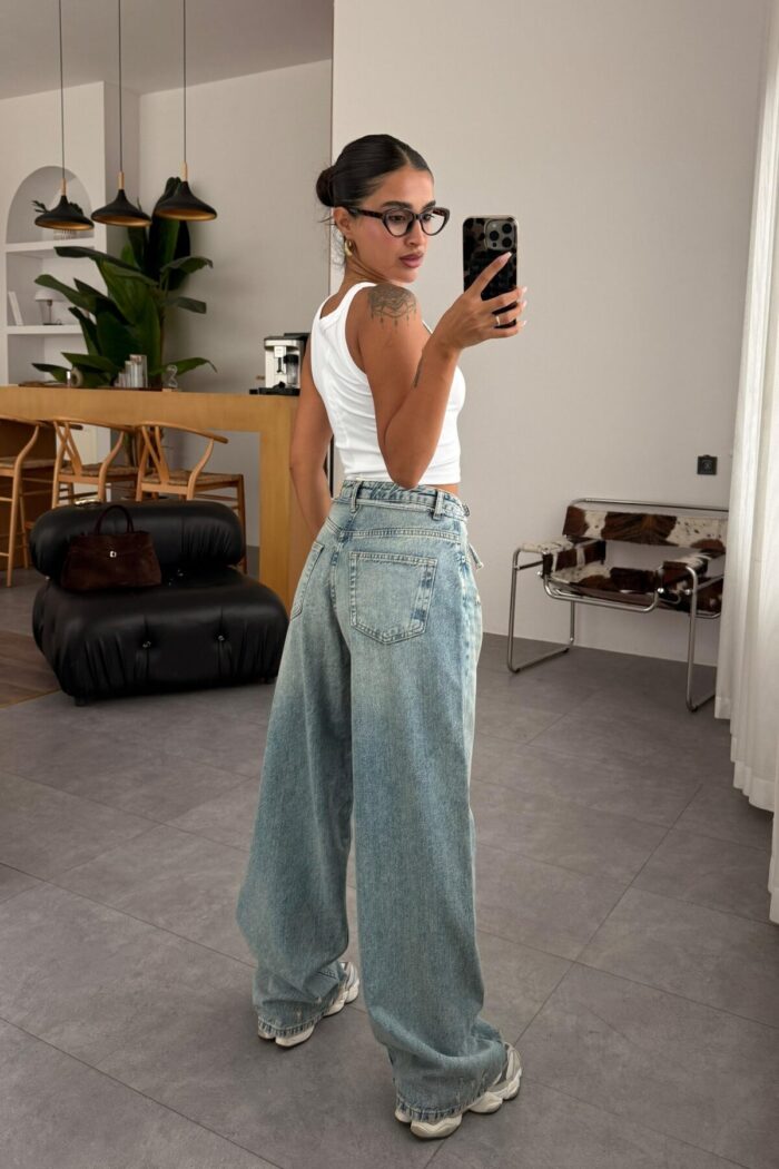 Luna Beli Bağlamalı Yeşil Eskitme Wide Leg Jean - Görsel 4