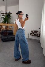 Luna Beli Bağlamalı Mavi Wide Leg Jean - Görsel 4
