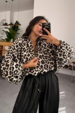 Yarasa Kol Leopar Saten Ceket - Görsel 2