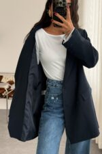 Frame dokulu Blazer Ceket Lacivert - Görsel 2