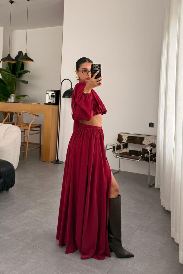 Vatkalı Etek Crop Takım Bordo - Görsel 4