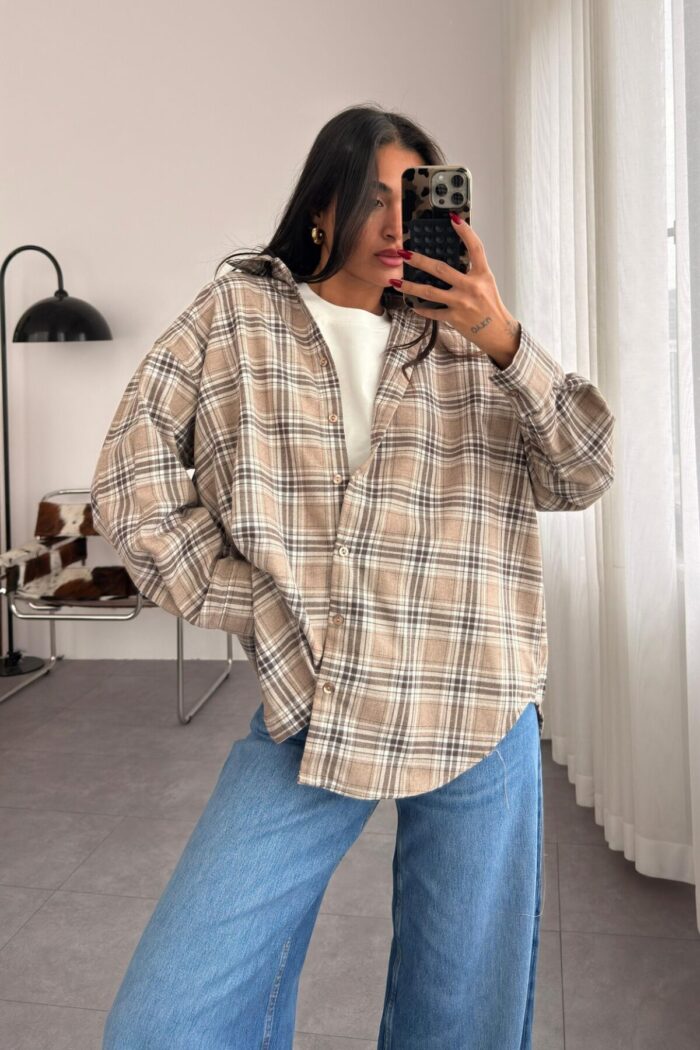 Ekose Oversize Oduncu Gömlek Bej - Görsel 1