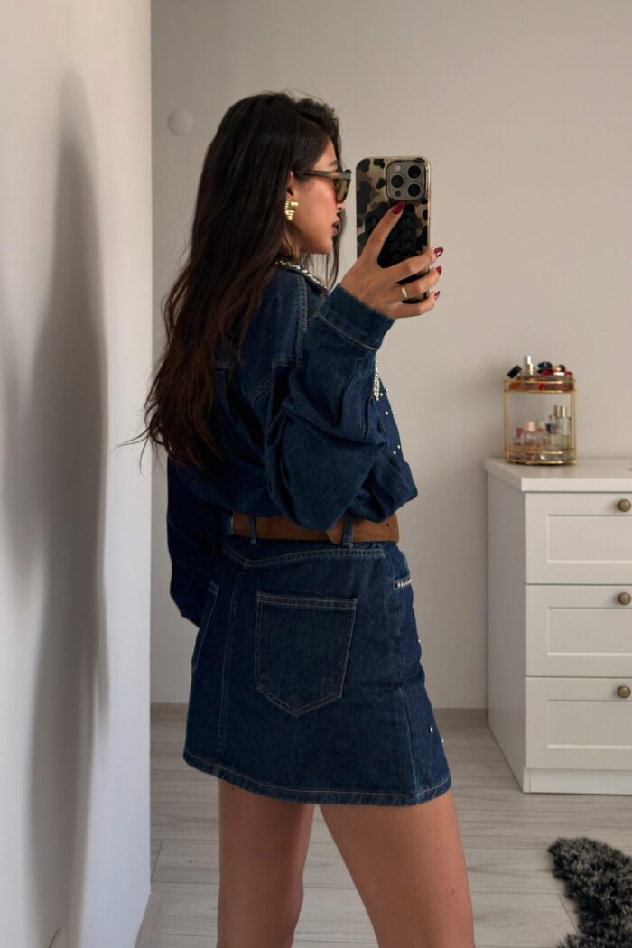 Taşlı Denim Gömlek Etek Takım - Görsel 4
