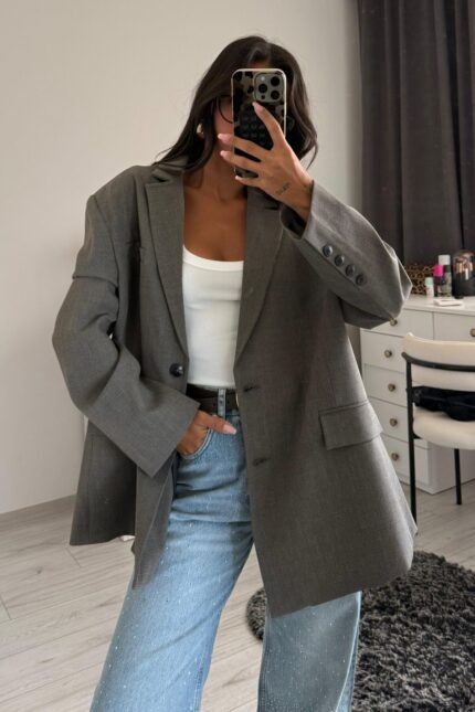 Ekose Oversize Blazer Ceket Füme