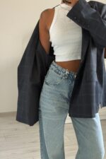 Ekose Oversize Blazer Ceket Lacivert - Görsel 3