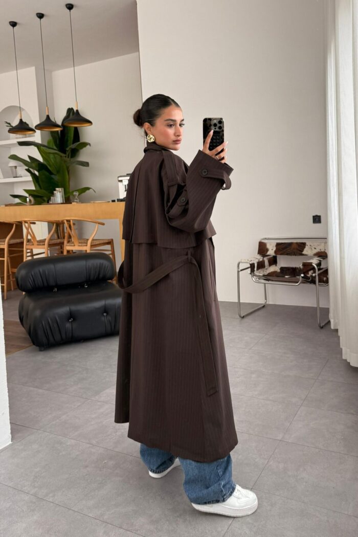 Loose Çizgili Oversize Maxi Trenç Kahve - Görsel 5