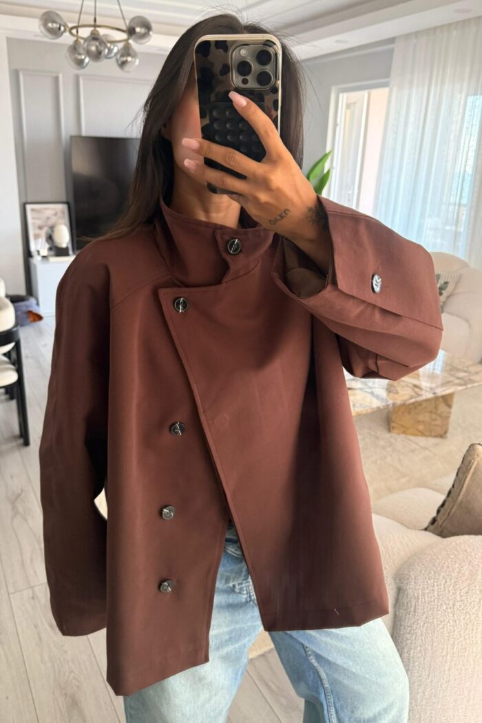 Gizli Düğmeli Kısa Trenç Acı Kahve - Görsel 2