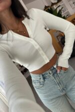 Düğmeli Fitilli Crop Beyaz - Görsel 2