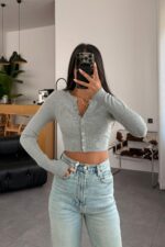 Düğmeli Fitilli Crop Gri