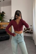 Düğmeli Fitilli Crop Bordo