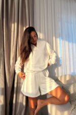 Yakalı Sweat Şort Takım Beyaz - Görsel 2