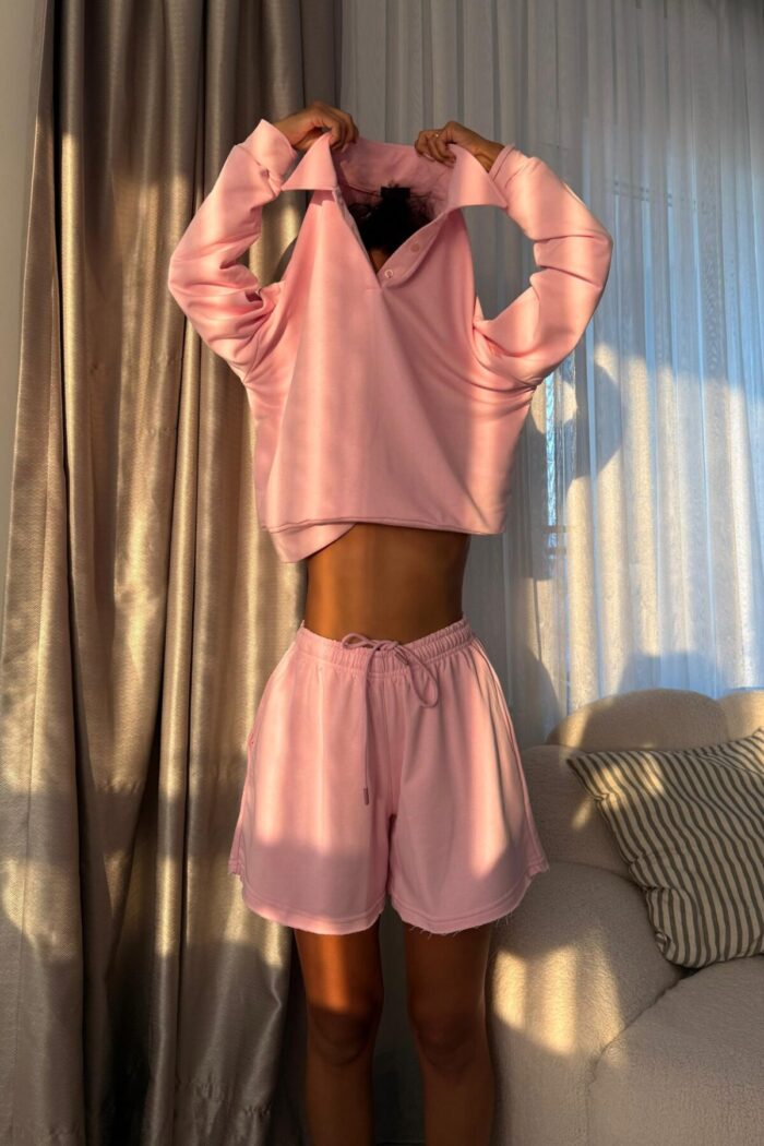 Yakalı Sweat Şort Takım Pembe - Görsel 2