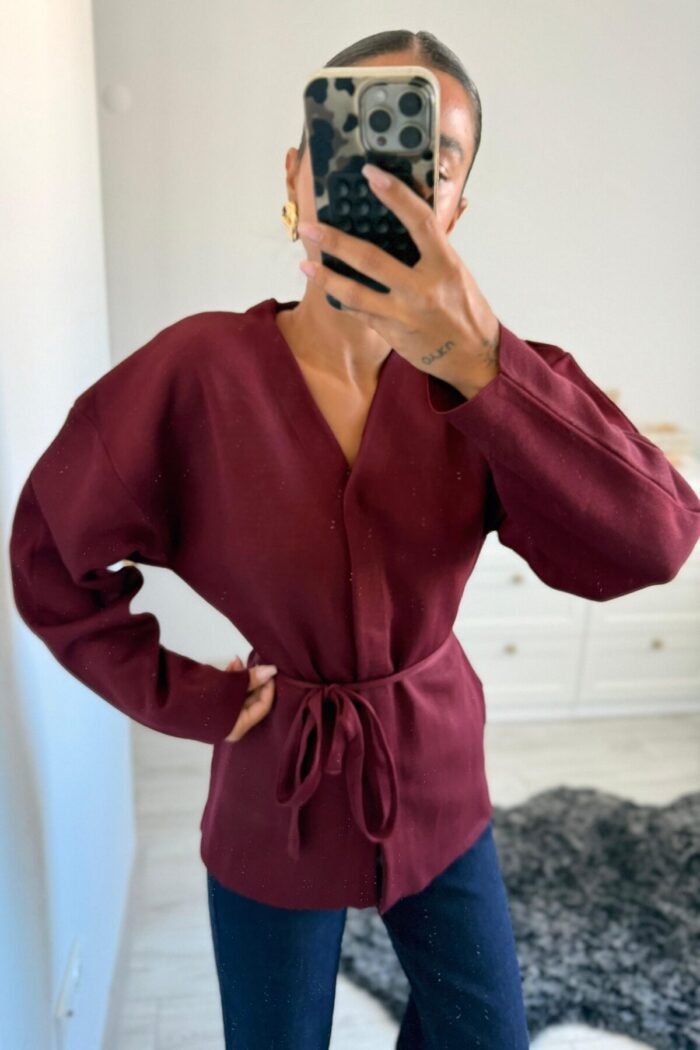 Naye Belden Oturtma Merserize Bordo Hırka - Görsel 2