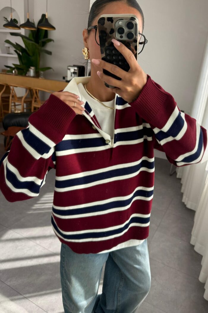 Çizgili Polo Yaka Kazak Bordo - Görsel 2