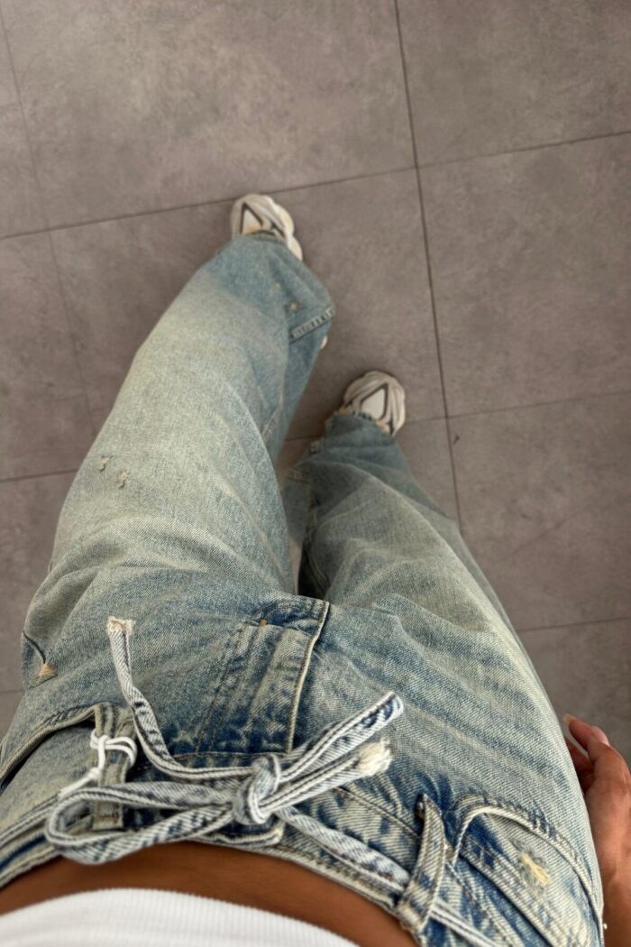 Luna Beli Bağlamalı Yeşil Eskitme Wide Leg Jean - Görsel 3
