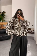 Yarasa Kol Leopar Saten Ceket