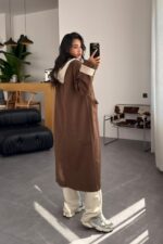 Fitilli Kadife Yaka Kahve Retro Trenç - Görsel 4