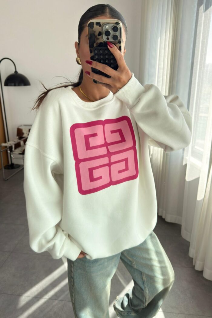 Önü Baskılı Oversize Beyaz Sweat - Görsel 2