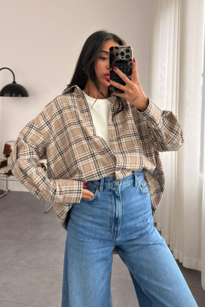 Ekose Oversize Oduncu Gömlek Bej - Görsel 2