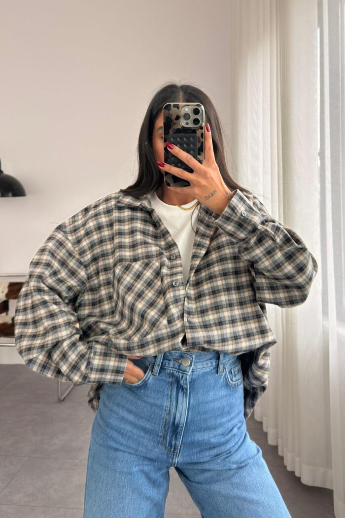 Ekose Oversize Oduncu Gömlek Gri - Görsel 2