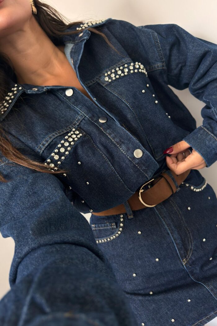 Taşlı Denim Gömlek Etek Takım - Görsel 3