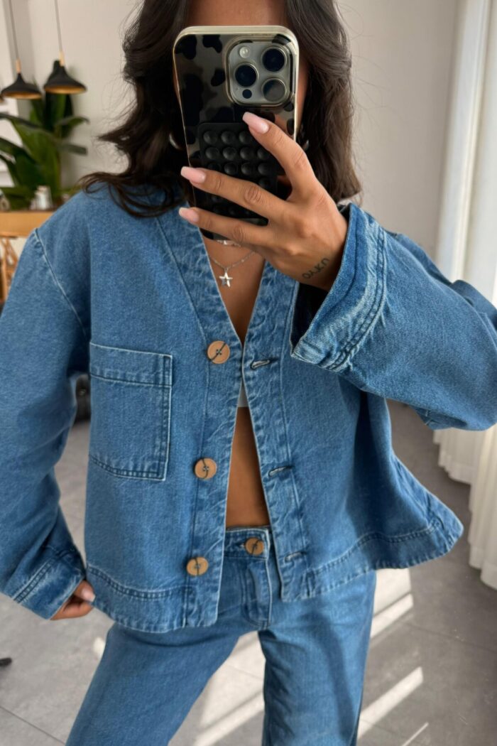 Womens Tek Cepli Denim Gömlek Ceket - Görsel 2