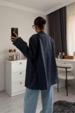 Ekose Oversize Blazer Ceket Lacivert - Görsel 5