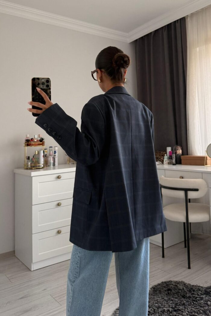 Ekose Oversize Blazer Ceket Lacivert - Görsel 5