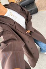 Loose Çizgili Oversize Maxi Trenç Kahve - Görsel 4