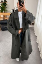 Loose Çizgili Oversize Maxi Trenç Antrasit - Görsel 3