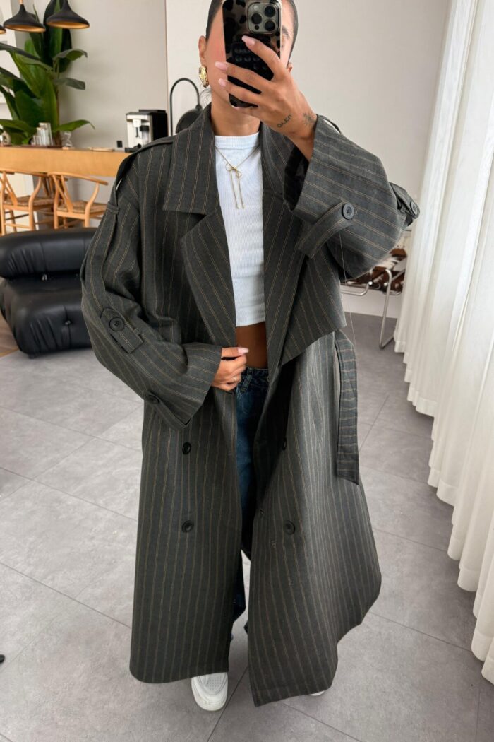 Loose Çizgili Oversize Maxi Trenç Antrasit - Görsel 3