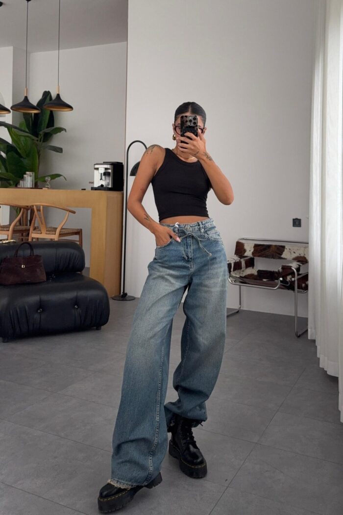 Luna Beli Bağlamalı Eskitme Wide Leg Jean - Görsel 1
