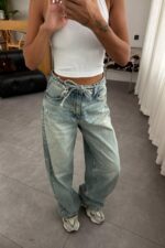 Luna Beli Bağlamalı Yeşil Eskitme Wide Leg Jean - Görsel 2