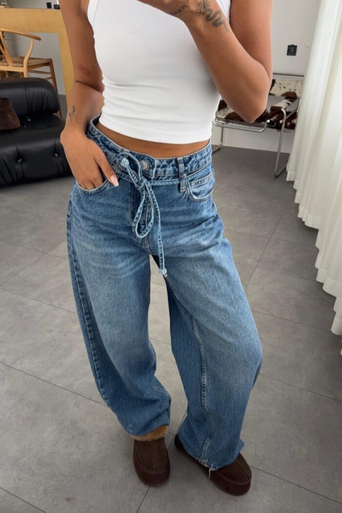 Luna Beli Bağlamalı Mavi Wide Leg Jean - Görsel 2